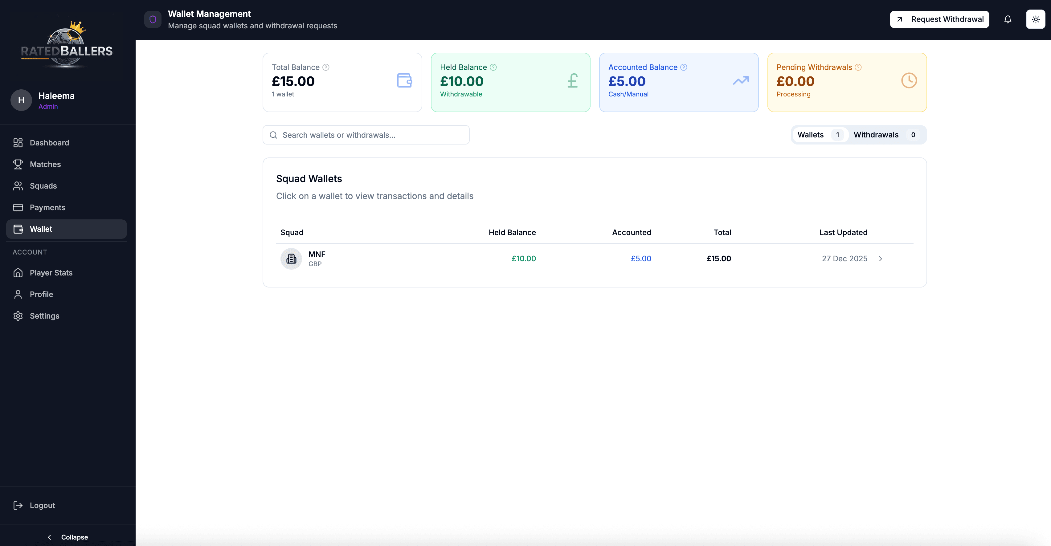 Wallet Management showing balances and transactions